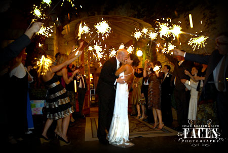 Celebrating the Bride and Groom with sparklers at wedding reception