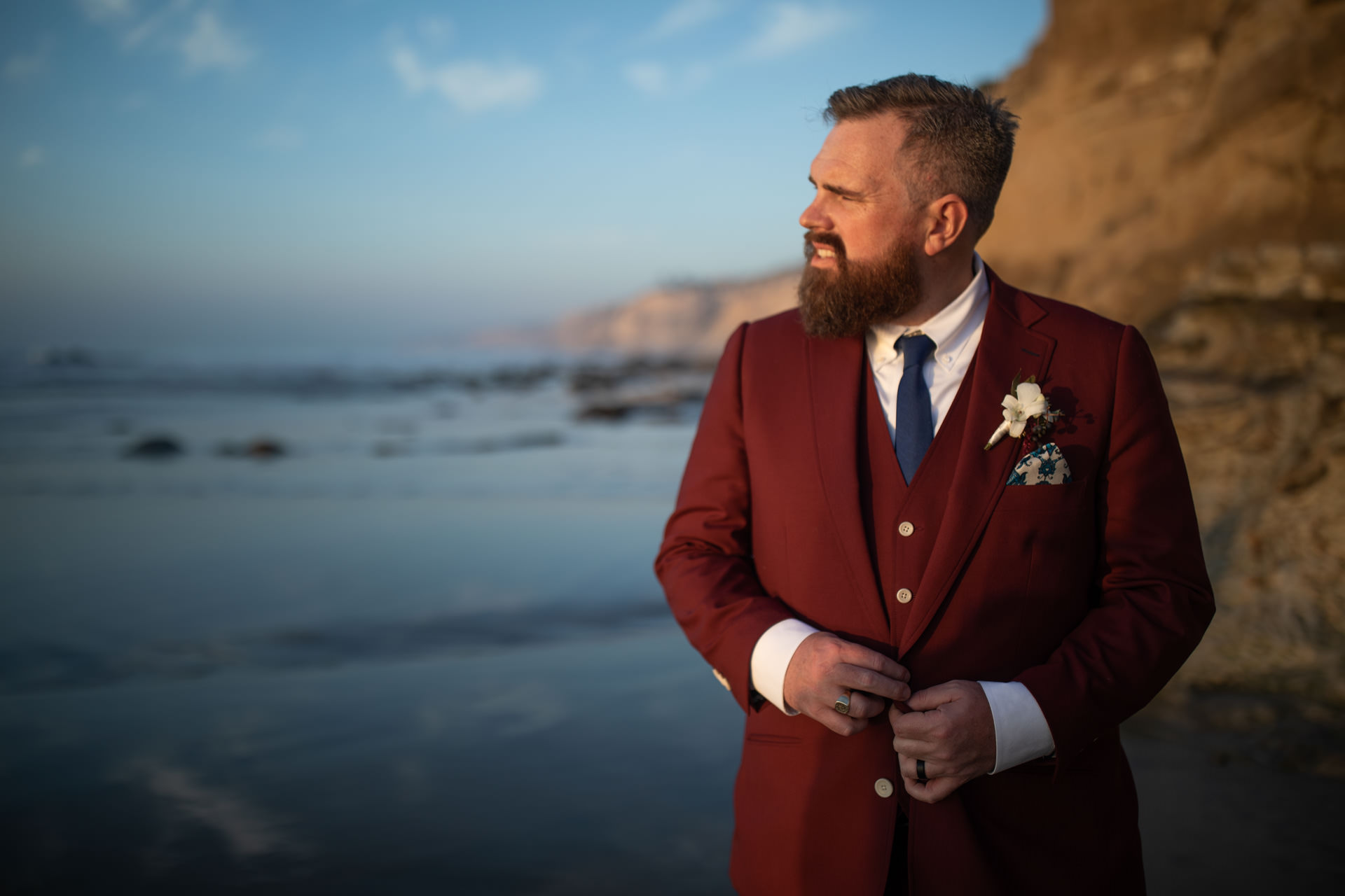 Eric La Jolla Groom Portrait San Diego Beach Wedding Sunset by Faces Photography