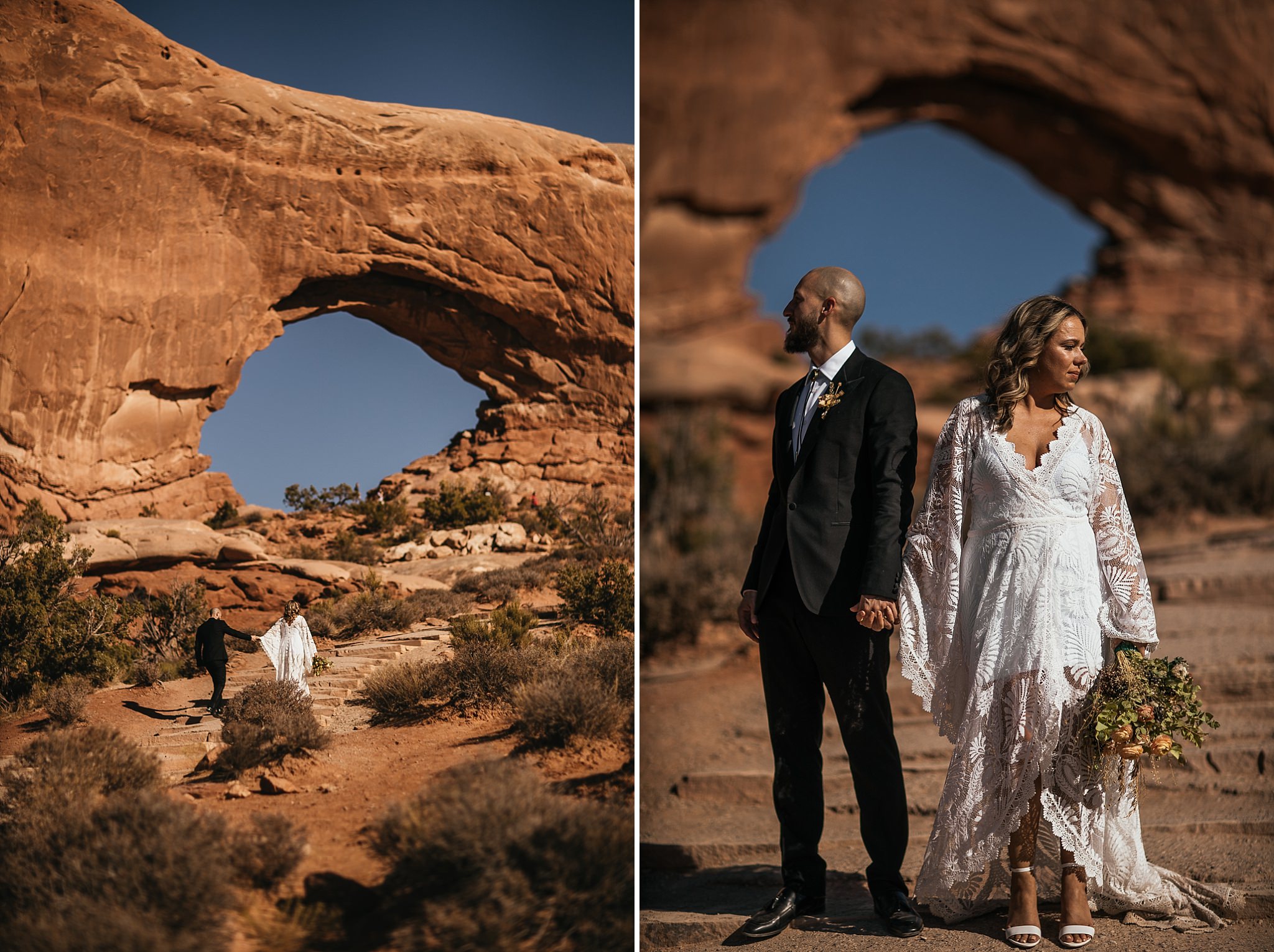 Bride and Groom taking Portraits in Arches National Park