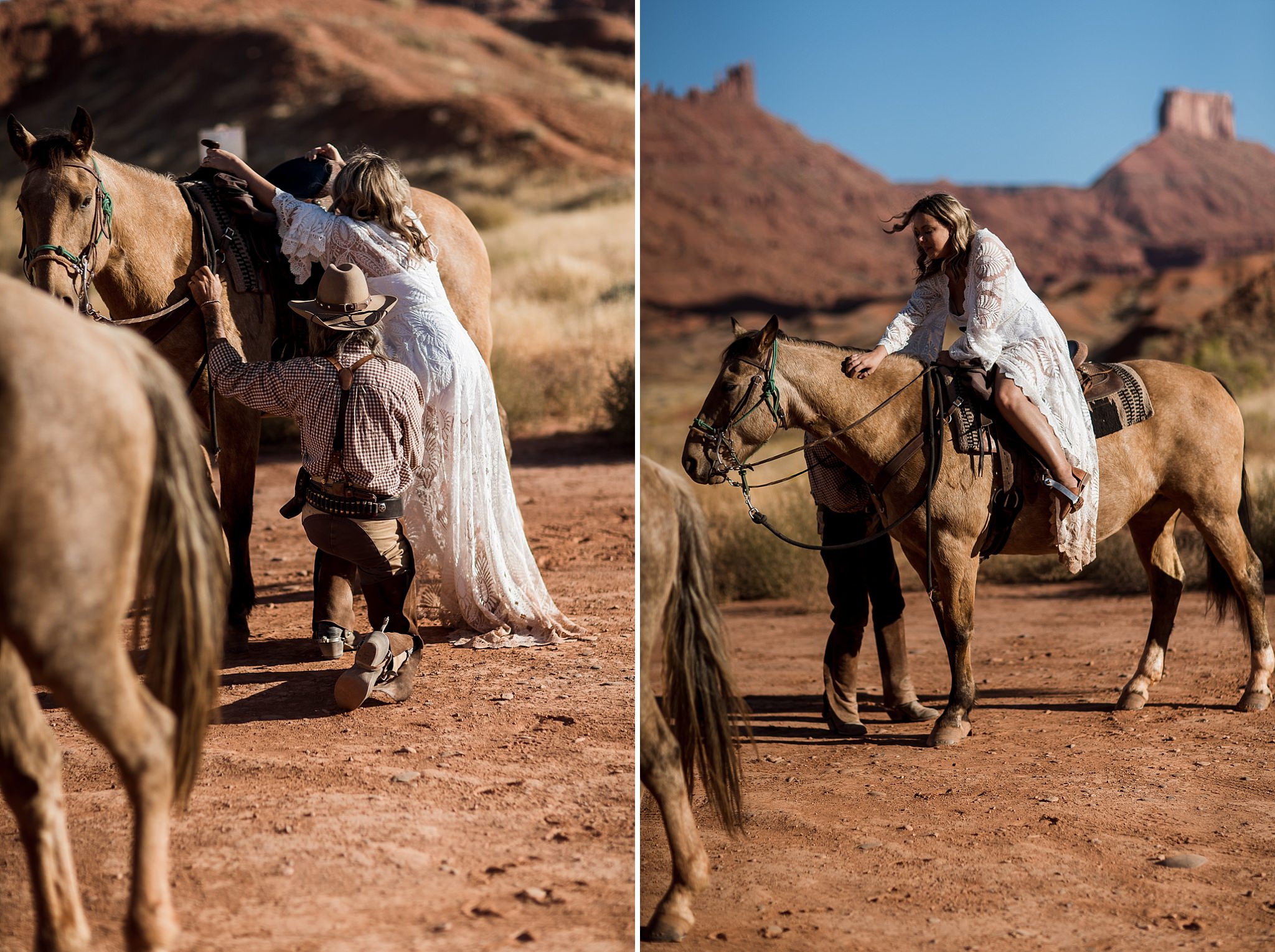 Bride Horseback Ride near Castleton Tower