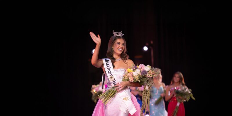 Elle Anderson, now Miss America's Teen 2027, waves to the crowd after being crowned Miss Utah's Teen 2026 in Provo