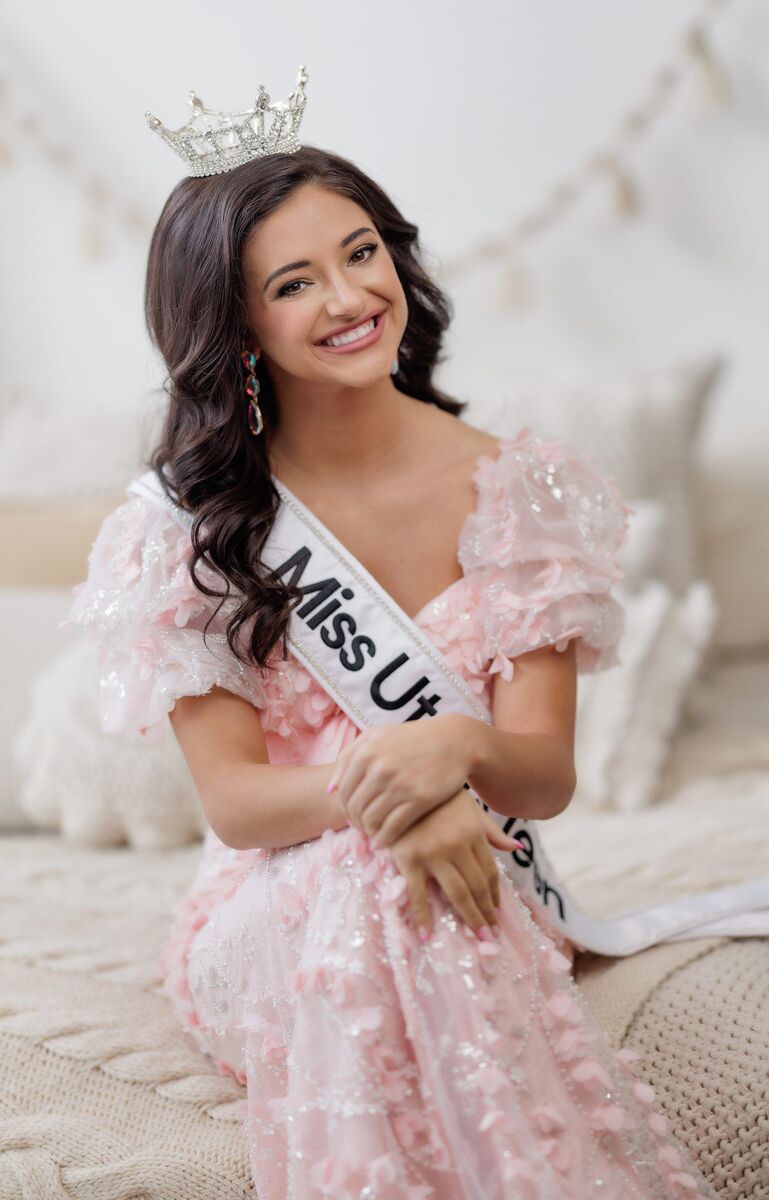 Indoor: Miss Utah's Teen in window light, blush gown and sash